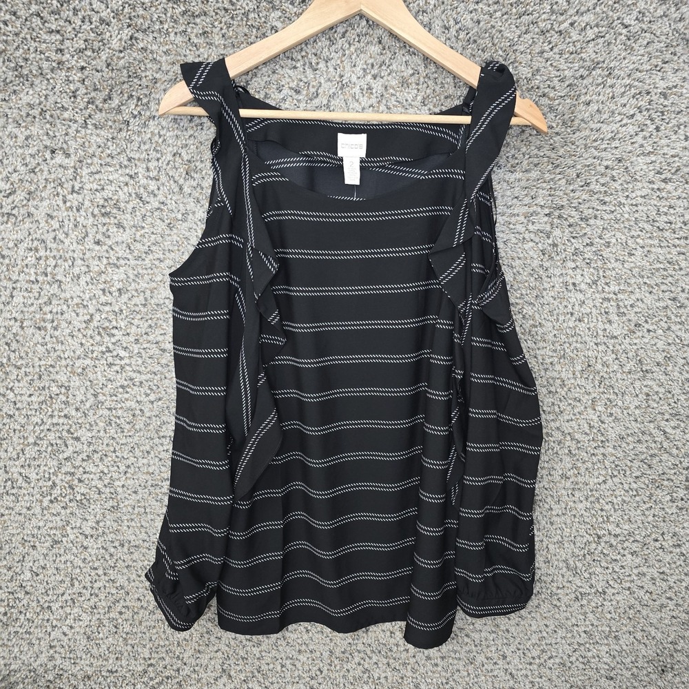 Chicos Top Womens 2 US Large Black Cold‎ Shoulder Ruffle Striped Blouse Ladies